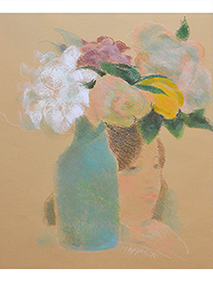 Untitled: Woman, Flowers & Bottle by Pegge Hopper