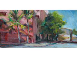 Bus At Pink Building by Rod Cameron