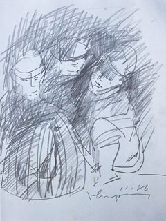 Untitled:  Three Figures with Cage by John Young (1909-1997)