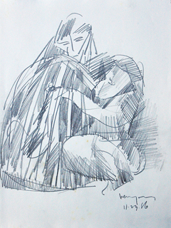 Untitled:  Two Figures with Bird Cage by John Young (1909-1997)