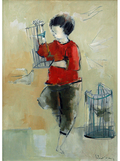 Boy With Bird Cages by John Young (1909-1997)