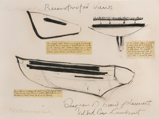 Lawnboat archeologists concept drawing of location of recovered wood by Dorothy Faison