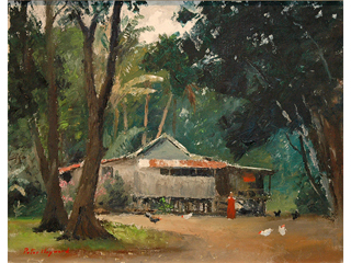 Woman in Red Dress Standing in Front of a House Feeding Chickens by Peter Hayward (1905-1993)