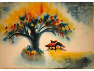 Untitled:  Foster Garden, Tree & Temple by Hon Chew Hee (1906-1993)