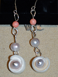 Sterling Silver, 2 Pearls, Puka Shell Earrings by Debra Casey