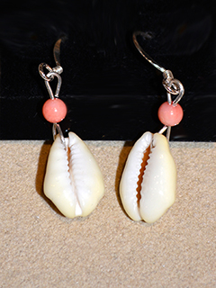 Sterling Silver, Coral, & Cowrie Earrings by Debra Casey