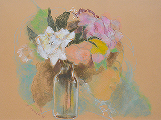 Untitled: Woman, Flowers & Bottle by Pegge Hopper
