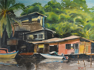 Untitled-Waterfront home with small fishing boats moored in foreground by Hope Hayward (1908-2006)