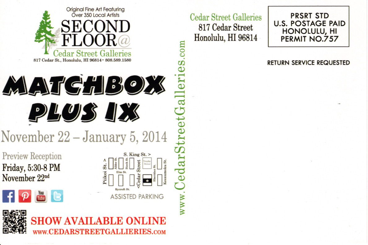 Back of postcard Matchbox Plus IX Miniature Art Show 2013